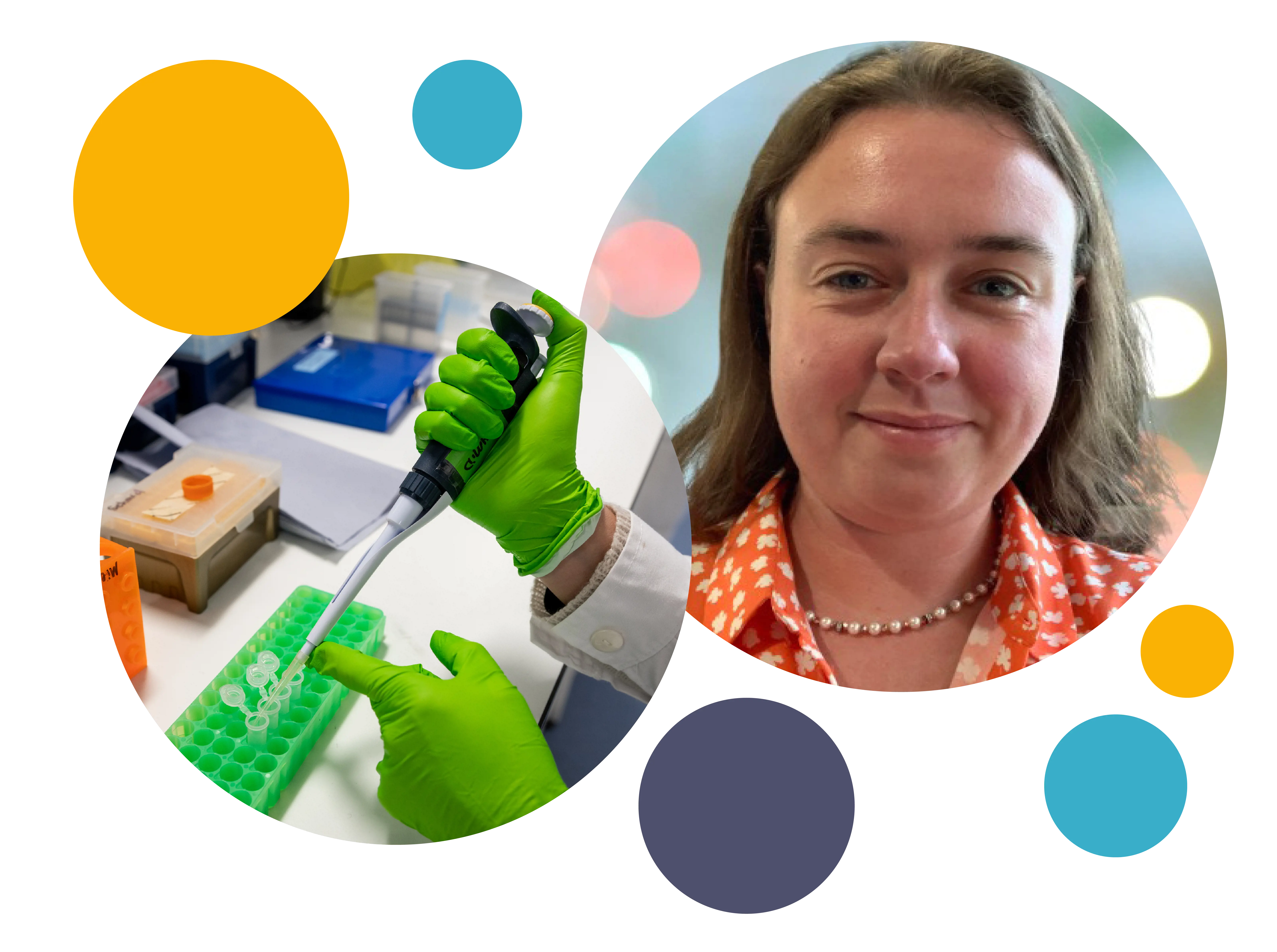 a picture of DR DANIELLIE BURY and a separate picture of a pipette in a lab, being handled by gloved hands 