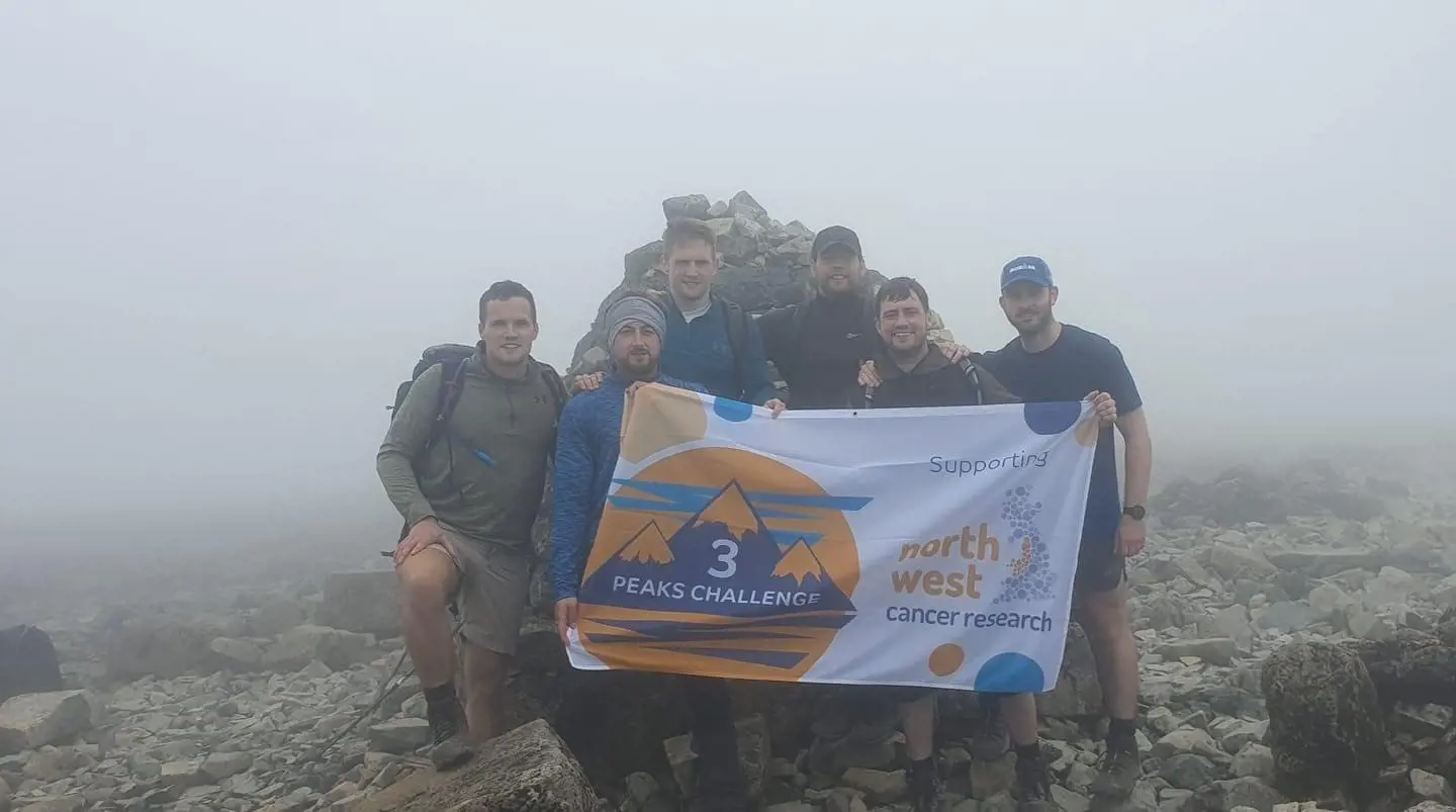 group of friends at the top of Scafell Pike 
