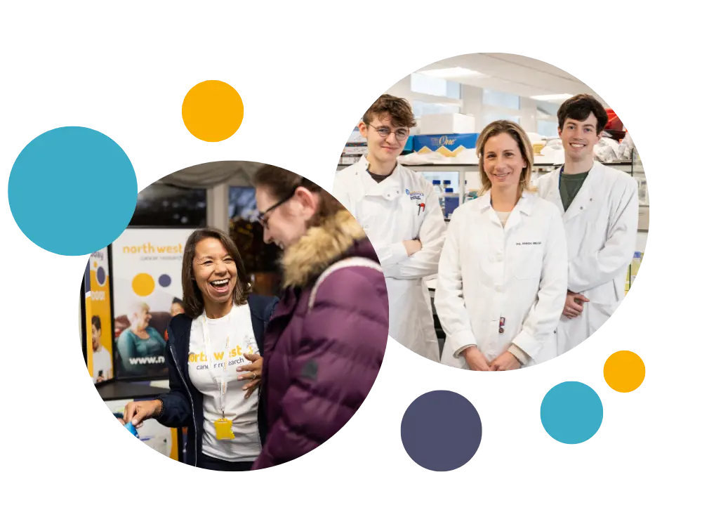 smiling north west cancer research volunteer and researchers in the lab 