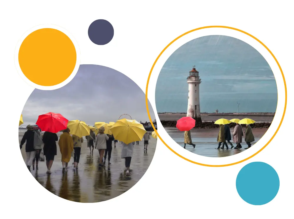 images of red and yellow umbrellas by landmarks