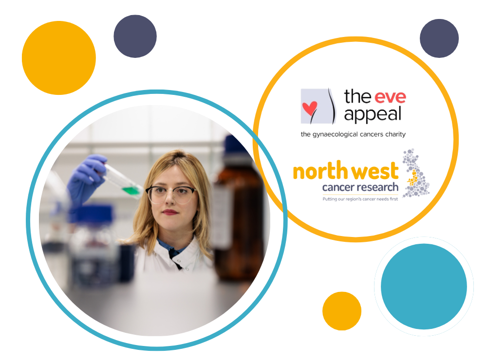 researcher in lab and both eve appeal and north west cancer research logos 