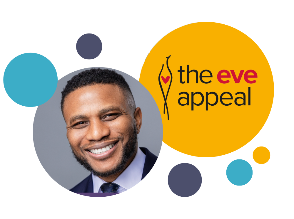 The Eve Appeal logo and a picture of Dr Kelechi Njoku 