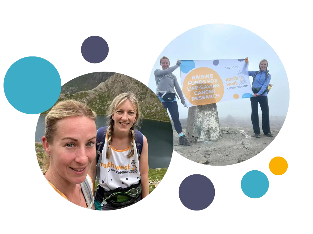 Natalie and Emma taking on the three peaks challenge, one picture is of them at the top of a mountain holding a north west cancer research flag 
