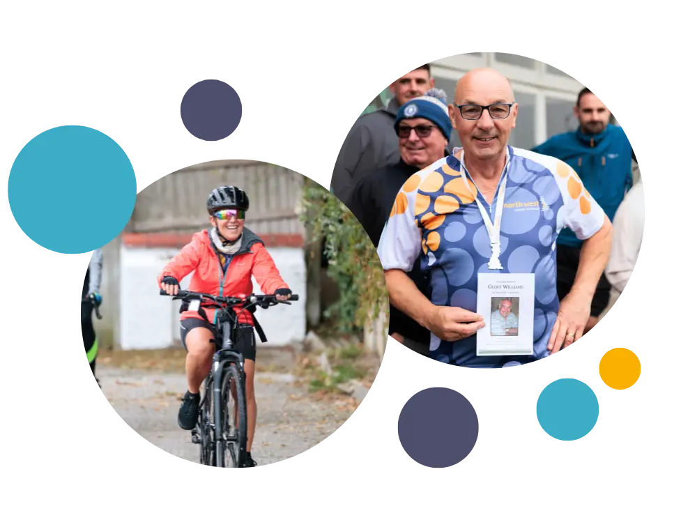 two cyclists, one a female passing through the finish line gantry and smiling, and another a male after finishing the ride, holding a picture of a family member he has fundraised in memory of 